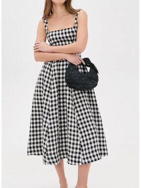 Reformation Janu Linen Midi Dress US2 Parked Check Black White French